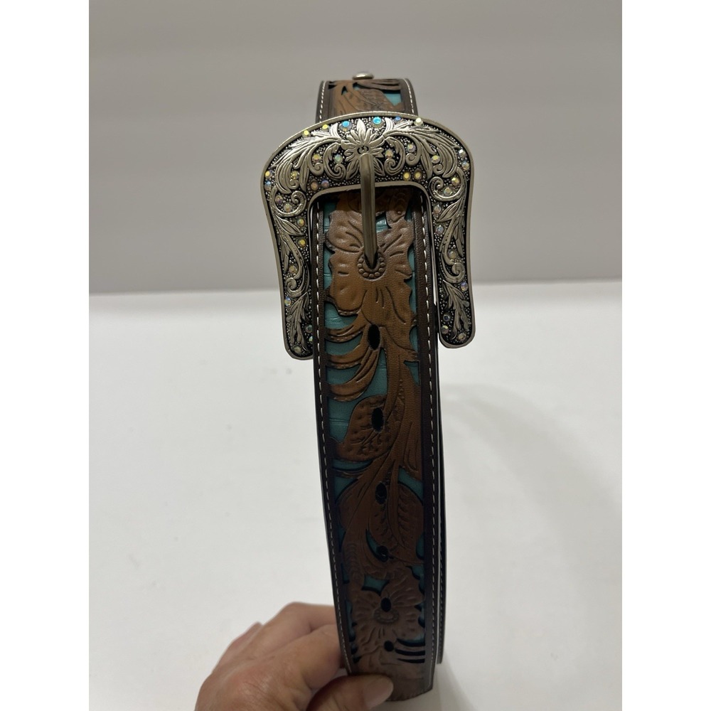 Women's Western Belt M Brown Turquoise Color Inlay Silver Buckle Crystals